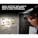 USB Rechargeable 800L Compact Flashlight in use, illuminating an electrical panel with a high output bullseye beam for spot and flood coverage.