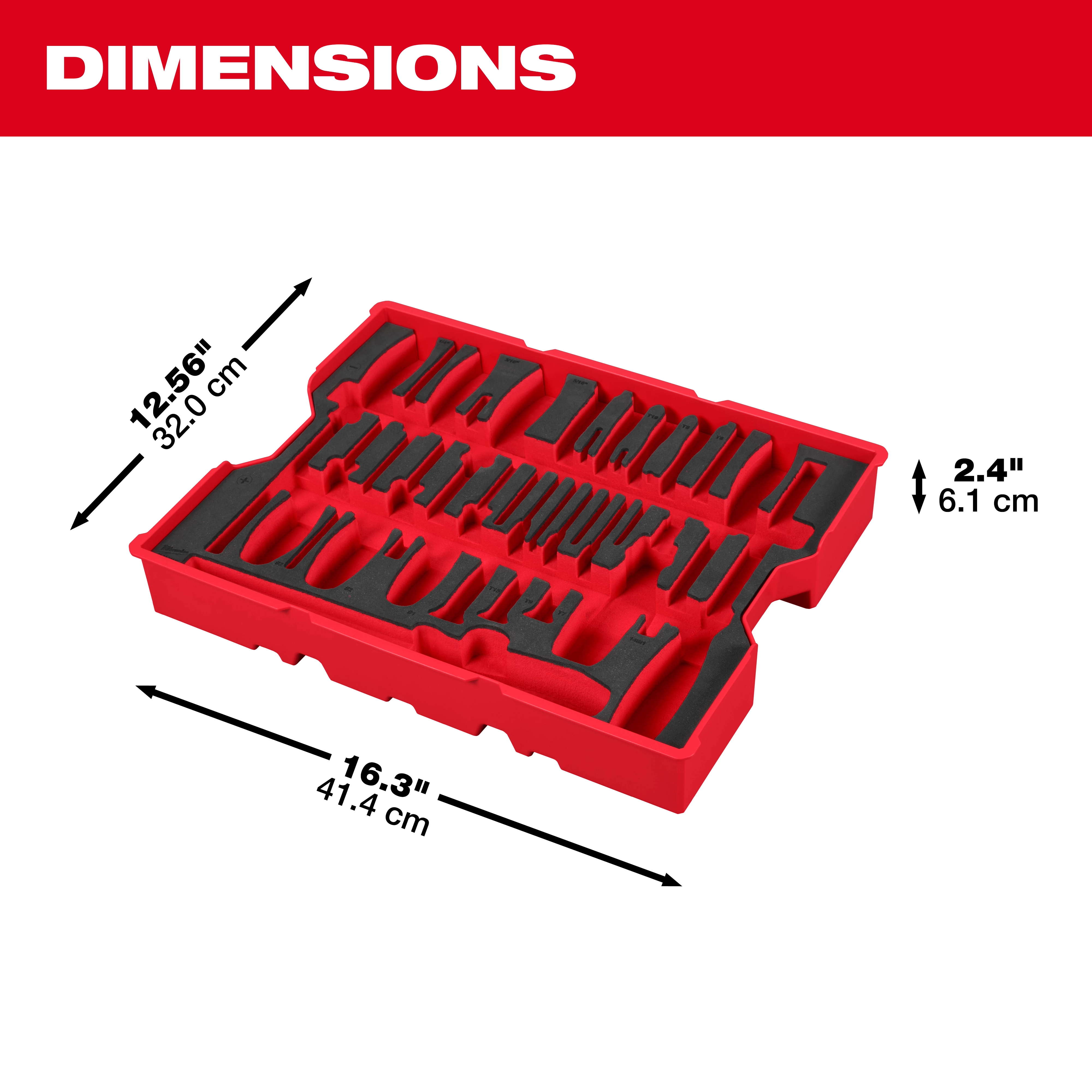 Bare Tray for 17pc. Screwdriver & Pry Bar Set for PACKOUT™ Drawers features a red plastic tray with various slots, measuring 12.56 inches by 16.3 inches by 2.4 inches.