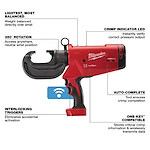 The M18™ FORCE LOGIC™ 750 MCM Crimper is a red and black tool featuring a 350-degree rotating head, crimp indicator LED, auto-complete function, and interlocking triggers. It is One-Key™ compatible, allowing for data storage and wireless transmission of critical crimp information.