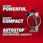 Milwaukee M18 FUEL™ 1/2" Hammer Drill/Driver highlighted against a red background, featuring descriptions "Most Powerful," "Most Compact," and "AutoStop™ Control Mode, Enhanced Safety."