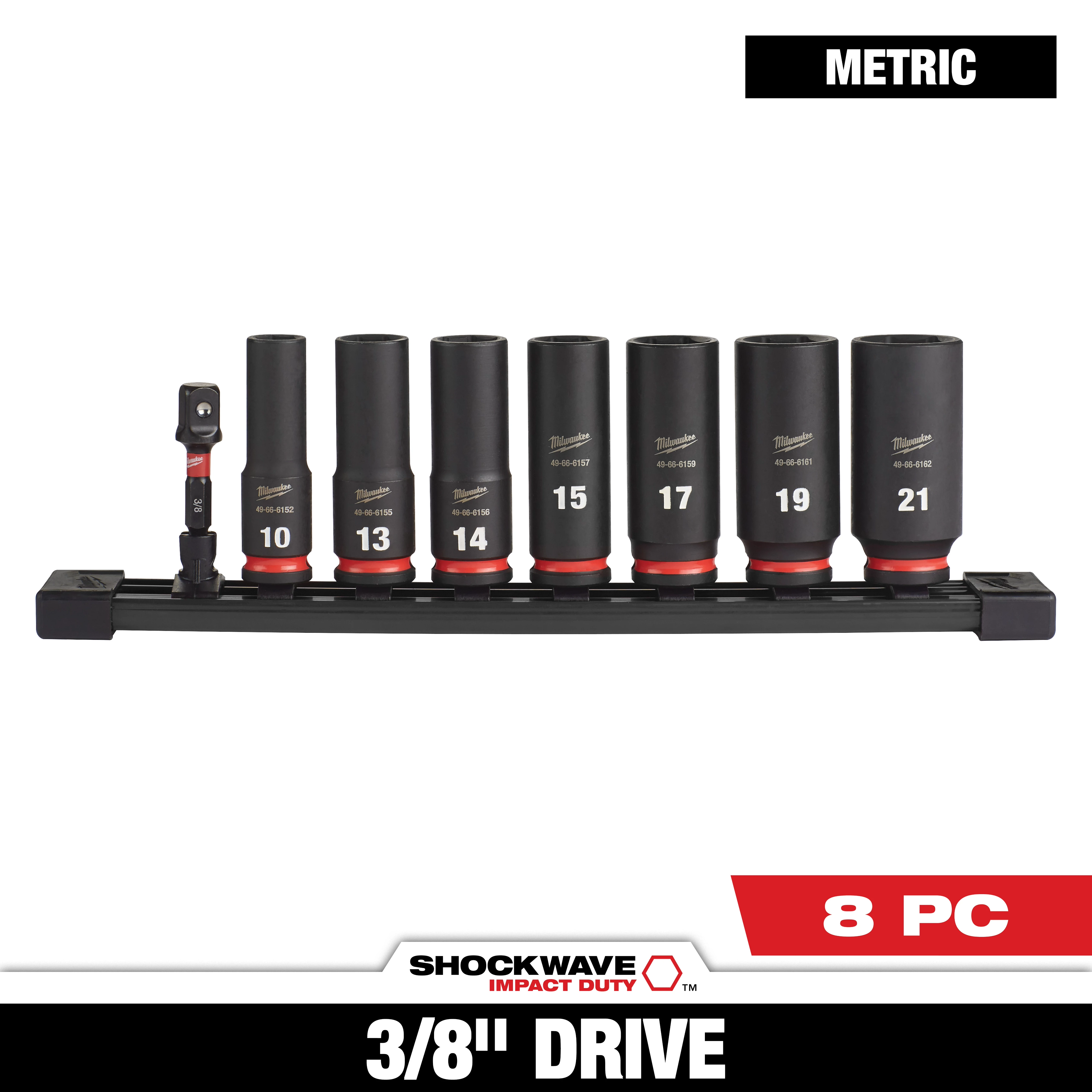 The SHOCKWAVE Impact Duty 3/8 in. Metric Deep Impact Rated Socket Set (8-Piece) includes sockets 10, 13, 14, 15, 17, 19, and 21 millimeters, mounted on a black rail with one additional tool.