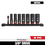 The SHOCKWAVE Impact Duty 3/8 in. Metric Deep Impact Rated Socket Set (8-Piece) includes sockets 10, 13, 14, 15, 17, 19, and 21 millimeters, mounted on a black rail with one additional tool.