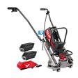The image shows the MX FUEL™ Vibratory Screed along with its components. The equipment includes a handlebar system, two batteries, and a charger unit. The equipment is designed for concrete leveling and smoothing tasks. The MX FUEL™ Vibratory Screed is designed by Milwaukee.
