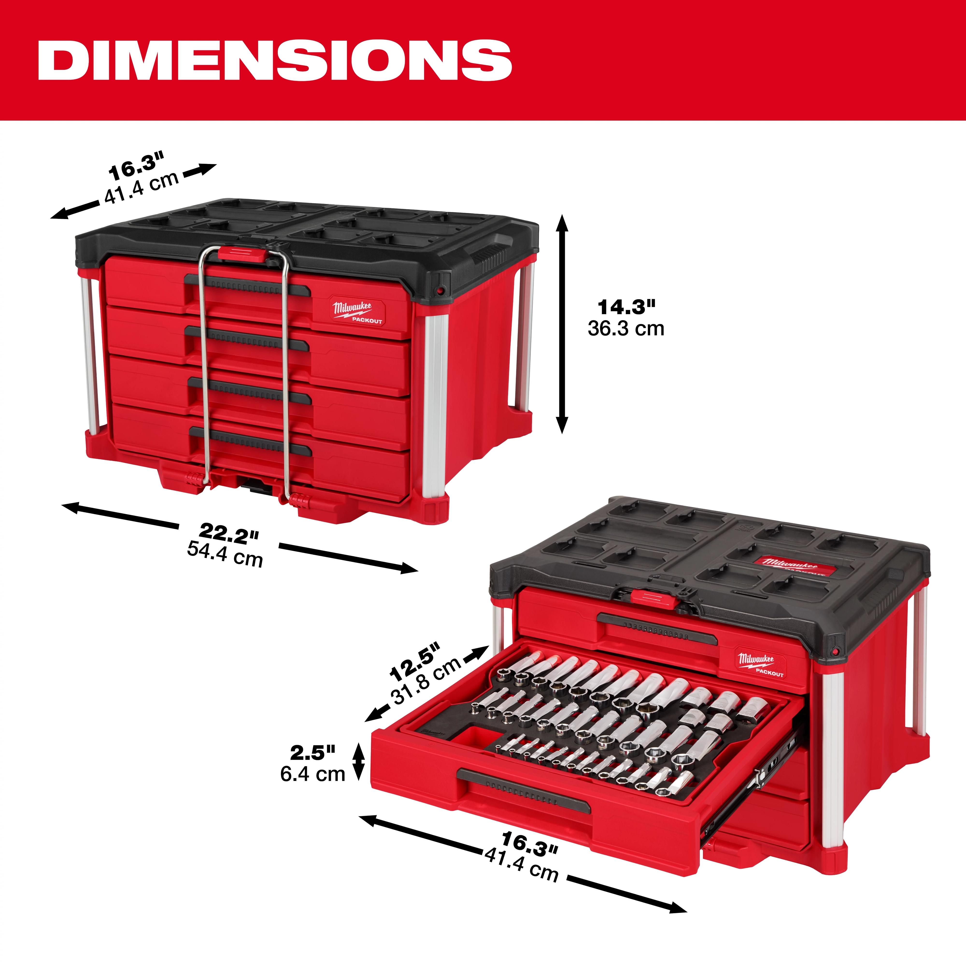 The Master Mechanics Hand Tool Set with PACKOUT™ Drawers includes red and black stackable drawers. Dimensions are 22.2" x 16.3" x 14.3", and drawers extend 12.5", holding various tools. Each drawer is 2.5" deep. Measurements in centimeters are also provided.