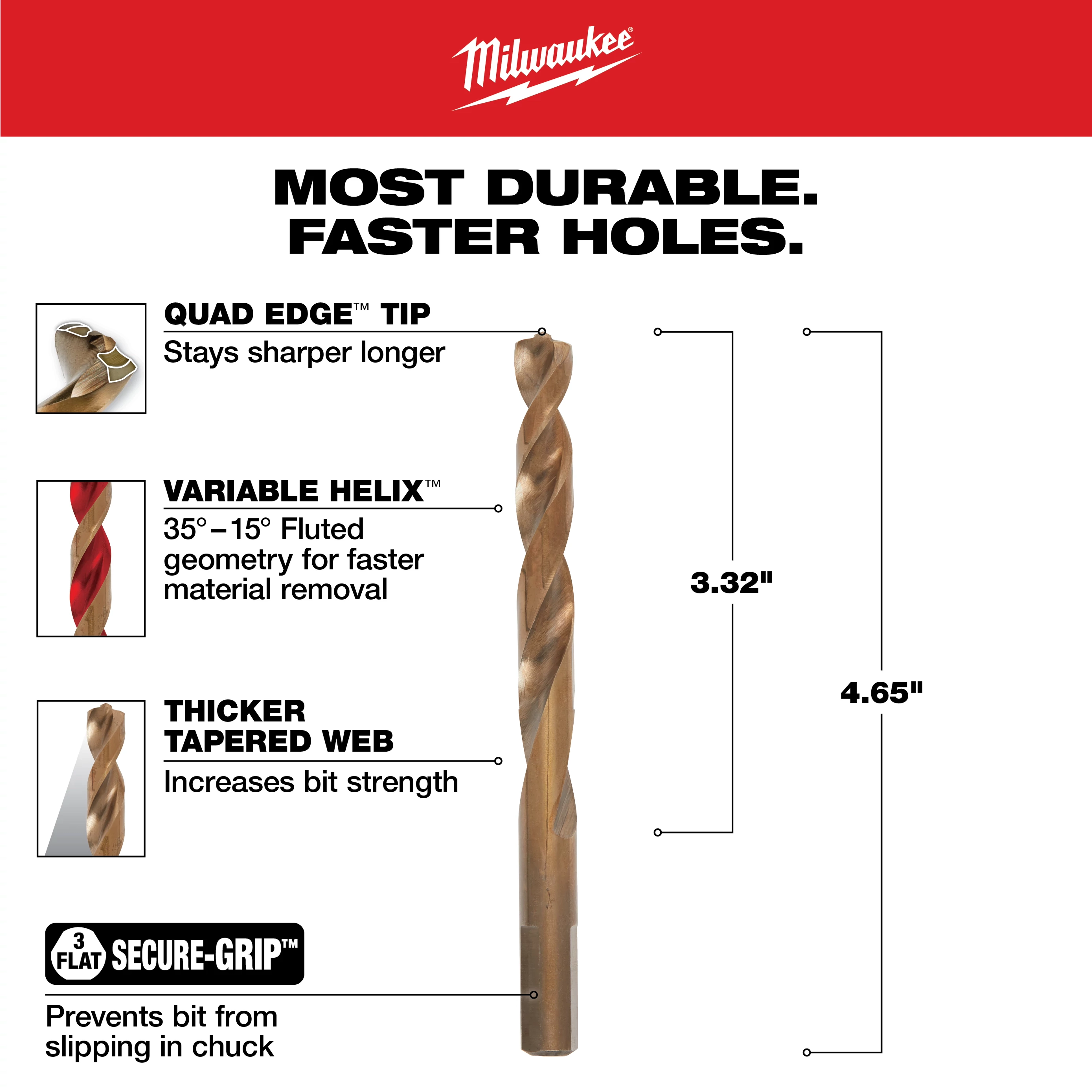 The 3/8 in. Cobalt Red Helix Twist Drill Bit features a Quad Edge Tip, Variable Helix geometry, thicker tapered web, and a secure-grip design. Measuring 4.65 inches in length, it offers durability and faster hole drilling while preventing slipping in the chuck.