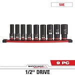 The SHOCKWAVE Impact Duty 1/2 in. Drive SAE Deep Well Impact Socket Set (9-Piece) features nine black impact sockets in varying sizes from 1/2 inch to 1 inch. They are mounted on a red storage tray. The sockets are labeled with their respective sizes and are built for heavy-duty impact use.