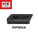 Black MX Fuel CP203 battery pack, "MX Fuel" logo on a red background, and "CP203" text below the battery.