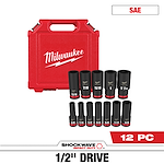 Milwaukee SHOCKWAVE 1/2 in. Drive SAE Deep Well Impact Socket Set features 12 black impact sockets with red bands, varying sizes between 3/8 and 1-1/16 inches. Includes a red Milwaukee-branded carrying case. Designed for high-performance impact applications. Marked as a 12-piece SAE set.