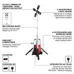 Portable light tower with motorized mast, adjustable light heads, outriggers, wheeled base, 27,000 lumens output, One-Key compatibility