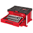 The image shows a 242-piece 1/4”, 3/8”, and 1/2” drive metric and SAE ratchet and socket set with PACKOUT™ 4-drawer tool box. The tool box is red with black accents and has one open drawer displaying various sockets and ratchets neatly organized inside.