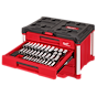 The image shows a 242-piece 1/4”, 3/8”, and 1/2” drive metric and SAE ratchet and socket set with PACKOUT™ 4-drawer tool box. The tool box is red with black accents and has one open drawer displaying various sockets and ratchets neatly organized inside.