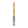The Red Helix Titanium Impact Drill Bit features a gold-colored titanium finish and a silver hex shank. It is designed for durability and precision in drilling tasks.