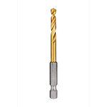 The Red Helix Titanium Impact Drill Bit features a gold-colored titanium finish and a silver hex shank. It is designed for durability and precision in drilling tasks.
