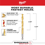 The SHOCKWAVE 9/32 in. Titanium Drill Bit features a Quad Edge Tip for longer sharpness, a Variable Helix design for faster material removal, and a Thicker Tapered Web for increased bit strength. The bit measures 4.25 inches in length with a 2.56-inch fluted section.