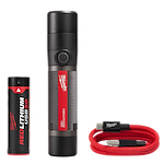 USB Rechargeable 800L Compact Flashlight, featuring a red-black design, comes with a USB battery and red charging cable.