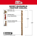 Milwaukee 48-89-2312 Walkaround drill bit featuring Quad Edge tip for sharpness, Variable Helix for faster removal, and thicker tapered web for strength.