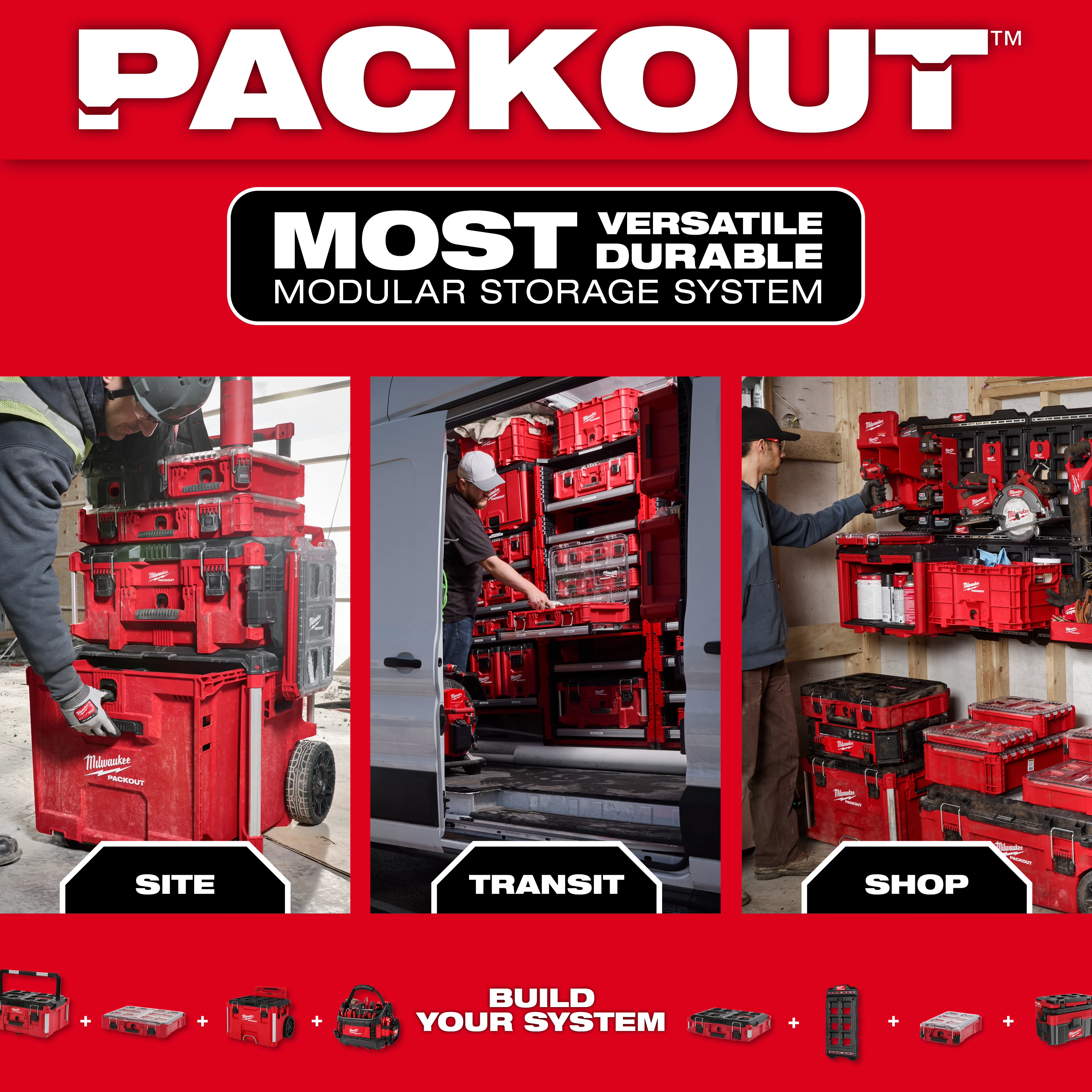 PACKOUT™ Site Transit Shop modular storage system showcases versatile, durable storage solutions for work sites, transit, and shops. The image displays stacked red toolboxes used in different settings, emphasizing customization and organization.