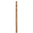 The RED HELIX™ Cobalt 3/16" Drill Bit has a spiral flute design with a bronze finish. It is used for drilling in hard metals and offers enhanced durability and speed.