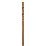 The RED HELIX™ Cobalt 3/16" Drill Bit has a spiral flute design with a bronze finish. It is used for drilling in hard metals and offers enhanced durability and speed.