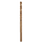 The RED HELIX™ Cobalt 3/16" Drill Bit has a spiral flute design with a bronze finish. It is used for drilling in hard metals and offers enhanced durability and speed.