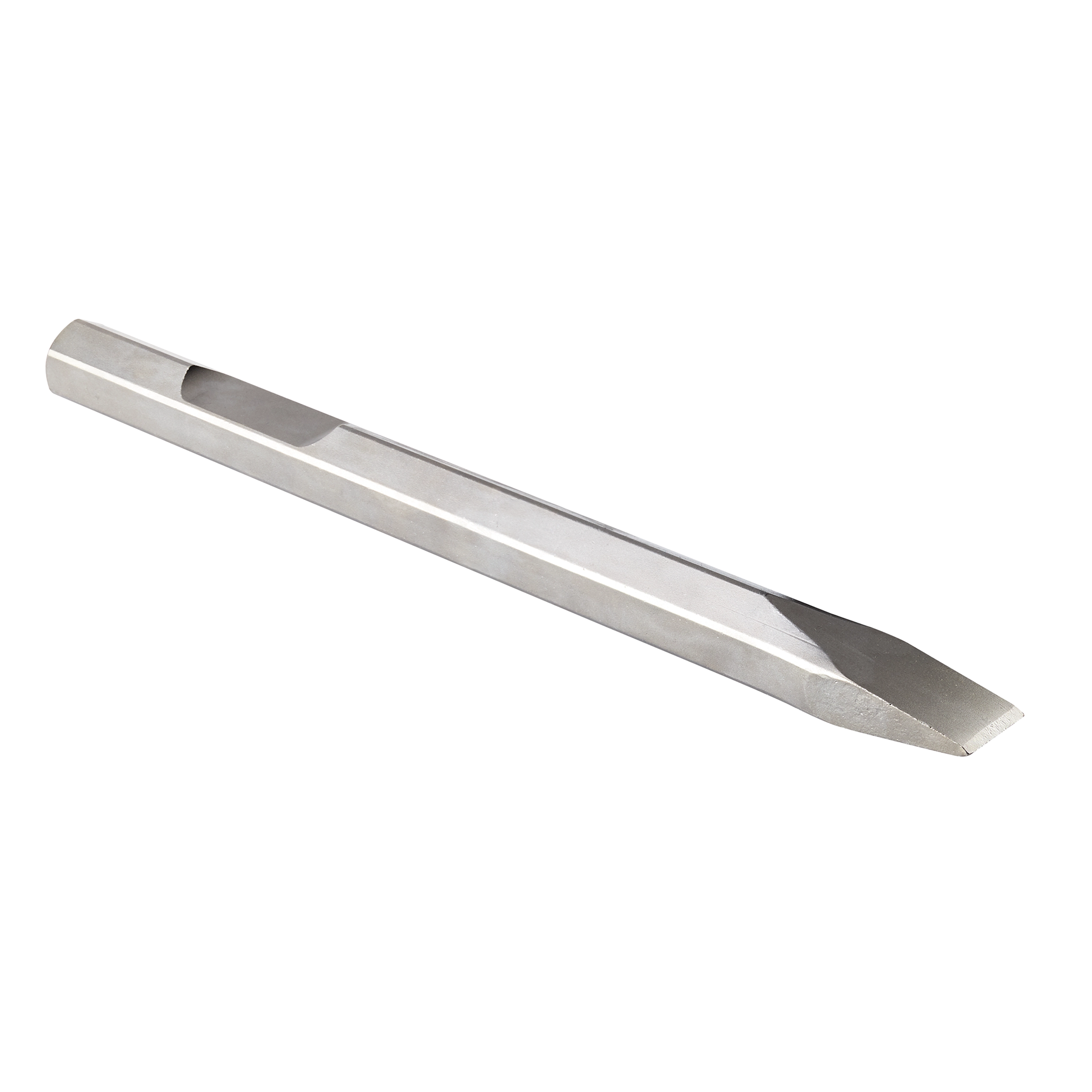 1-1/8" HEX 16" Narrow Chisel made of silver metal with a hexagonal shank and narrow, pointed cutting edge. Suitable for demolition.