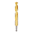 The Red Helix Titanium Impact Drill Bit features a gold-colored titanium coating and a spiral design for enhanced drilling efficiency. It is fitted with a hex shank for secure attachment to impact drivers, offering durability and precision in heavy-duty applications.