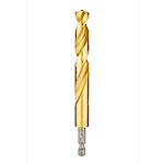 The Red Helix Titanium Impact Drill Bit features a gold-colored titanium coating and a spiral design for enhanced drilling efficiency. It is fitted with a hex shank for secure attachment to impact drivers, offering durability and precision in heavy-duty applications.