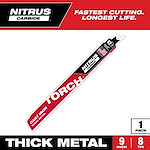 The Nitrus Carbide Torch blade is designed for cutting thick metal and cast iron. It is 9 inches long with 8 teeth per inch. The packaging states "Fastest Cutting. Longest Life" and indicates it is made in the USA.