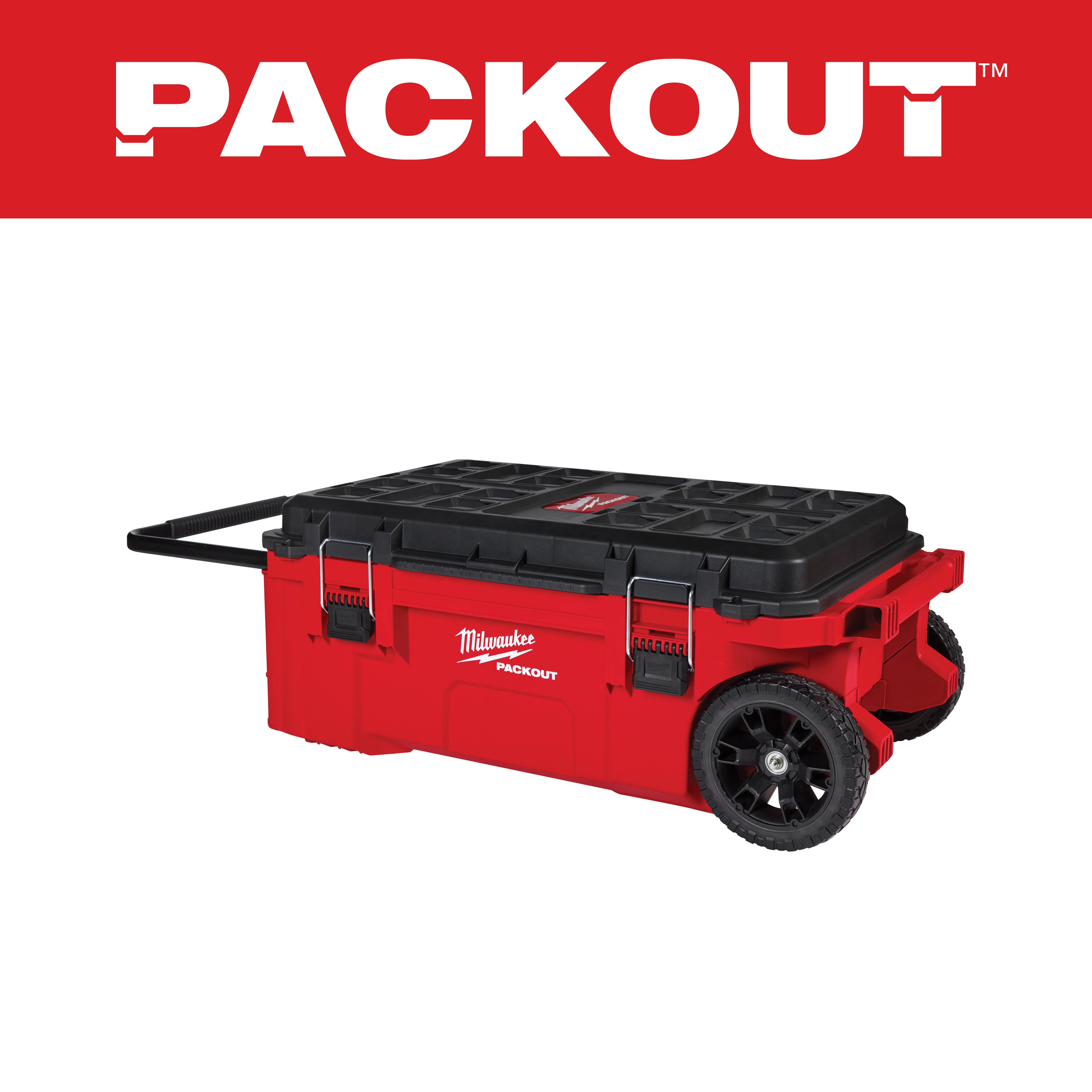Milwaukee Packout toolbox, large red rectangular storage case with black latches and wheels, under a red banner with "PACKOUT" text.