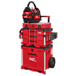 The image shows a PACKOUT™ Rolling Drawer Tool Box by Milwaukee. It features a modular, red and black design with several stacked compartments, including drawers and a large wheeled base unit for easy transport. A tool bag sits on top, filled with various hand tools.