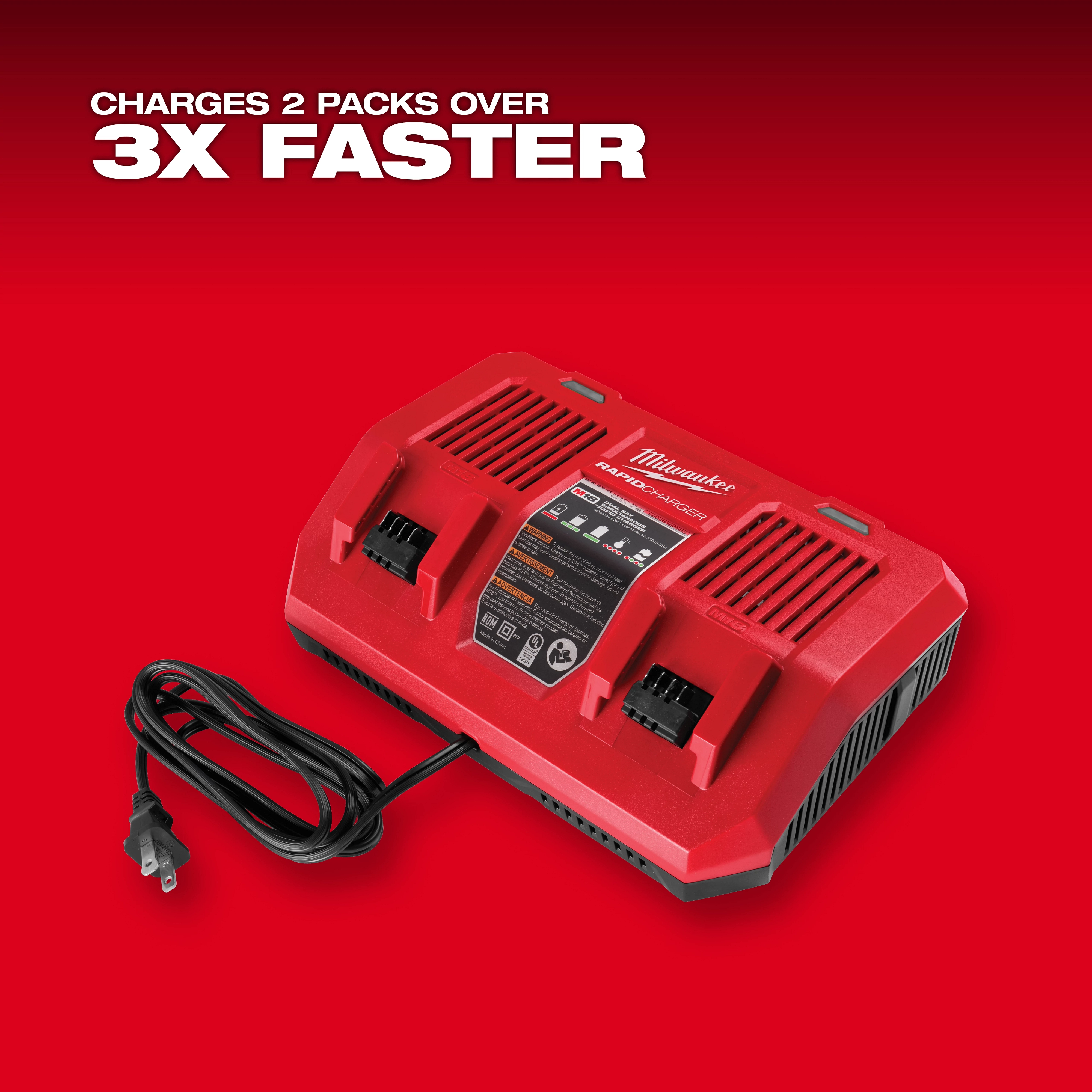 The image highlights a red product capable of charging two packs over three times faster.