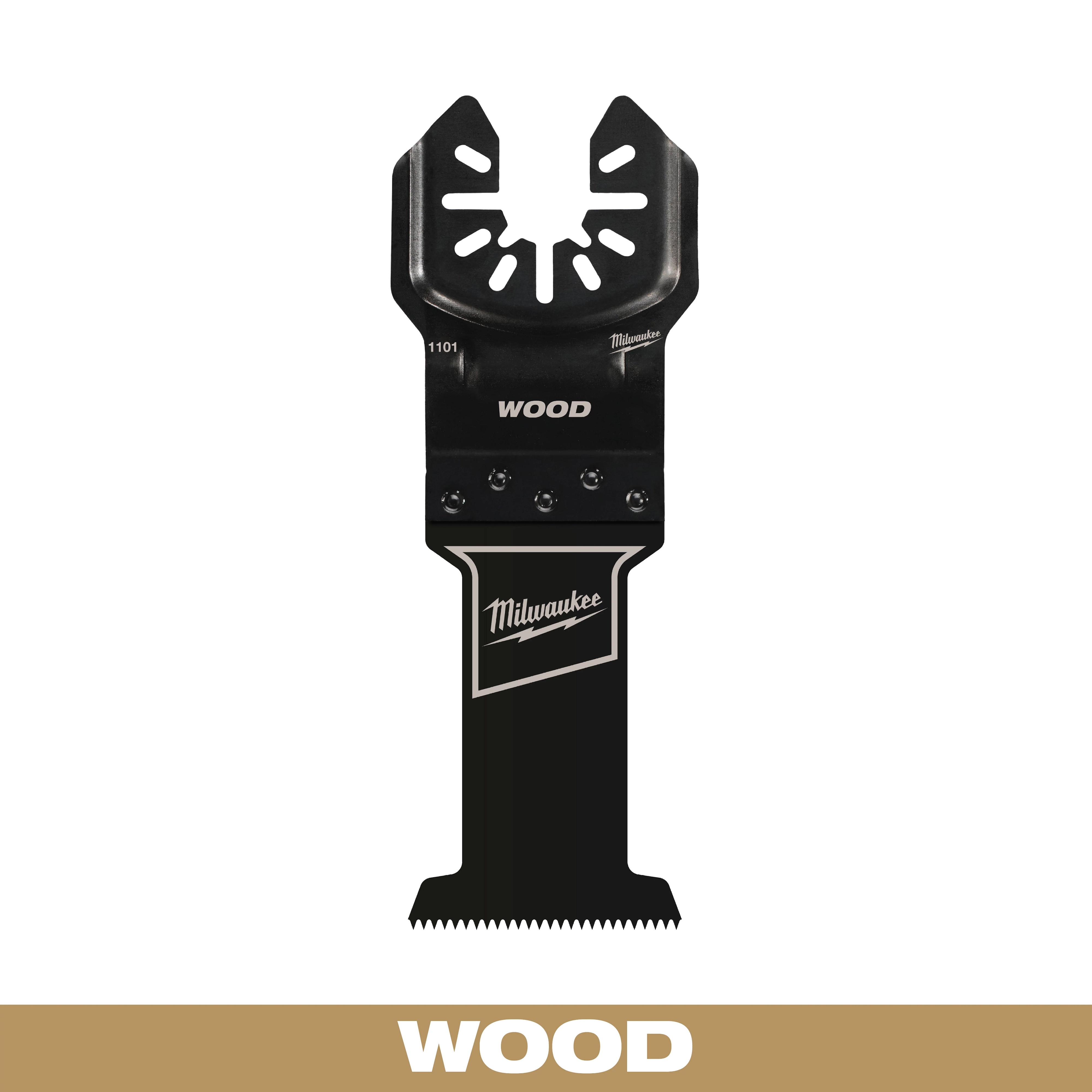 Milwaukee Open-Lok 1-3/8" HCS Wood Multi-Tool Blade in black with the Milwaukee logo and the word "WOOD" on the blade.