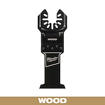 Milwaukee Open-Lok 1-3/8" HCS Wood Multi-Tool Blade in black with the Milwaukee logo and the word "WOOD" on the blade.