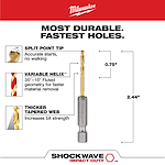 The SHOCKWAVE 3/32 in. Titanium Drill Bit features a split point tip for accurate starts, a variable helix for faster material removal, and a thicker tapered web for increased strength. It measures 2.44 inches in length and 0.75 inches in width.