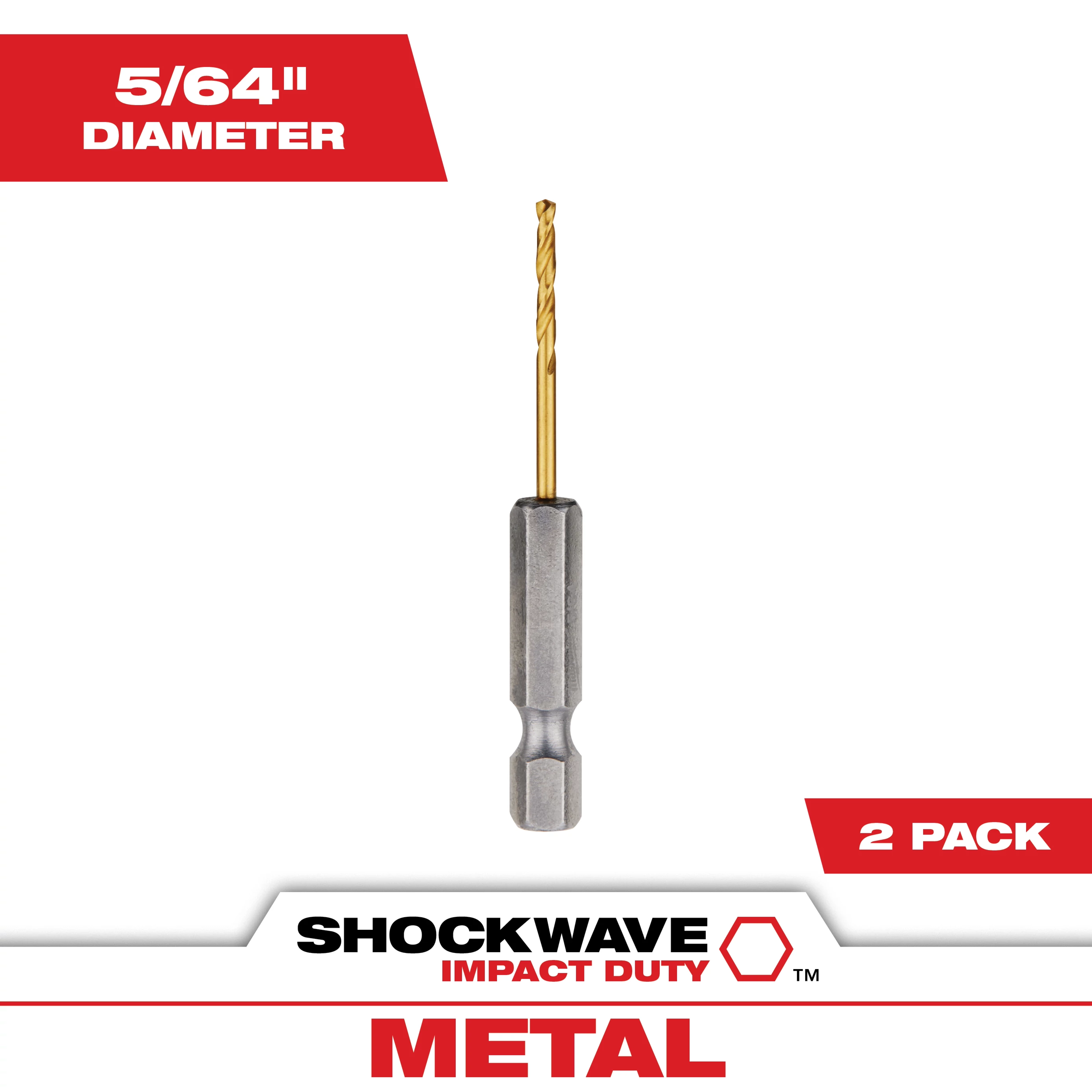 SHOCKWAVE 5/64 in. Titanium Drill Bit features a 5/64-inch diameter designed for metal drilling. The drill bit comes in a two-pack and is part of the SHOCKWAVE impact duty line. The titanium coating enhances durability and performance.