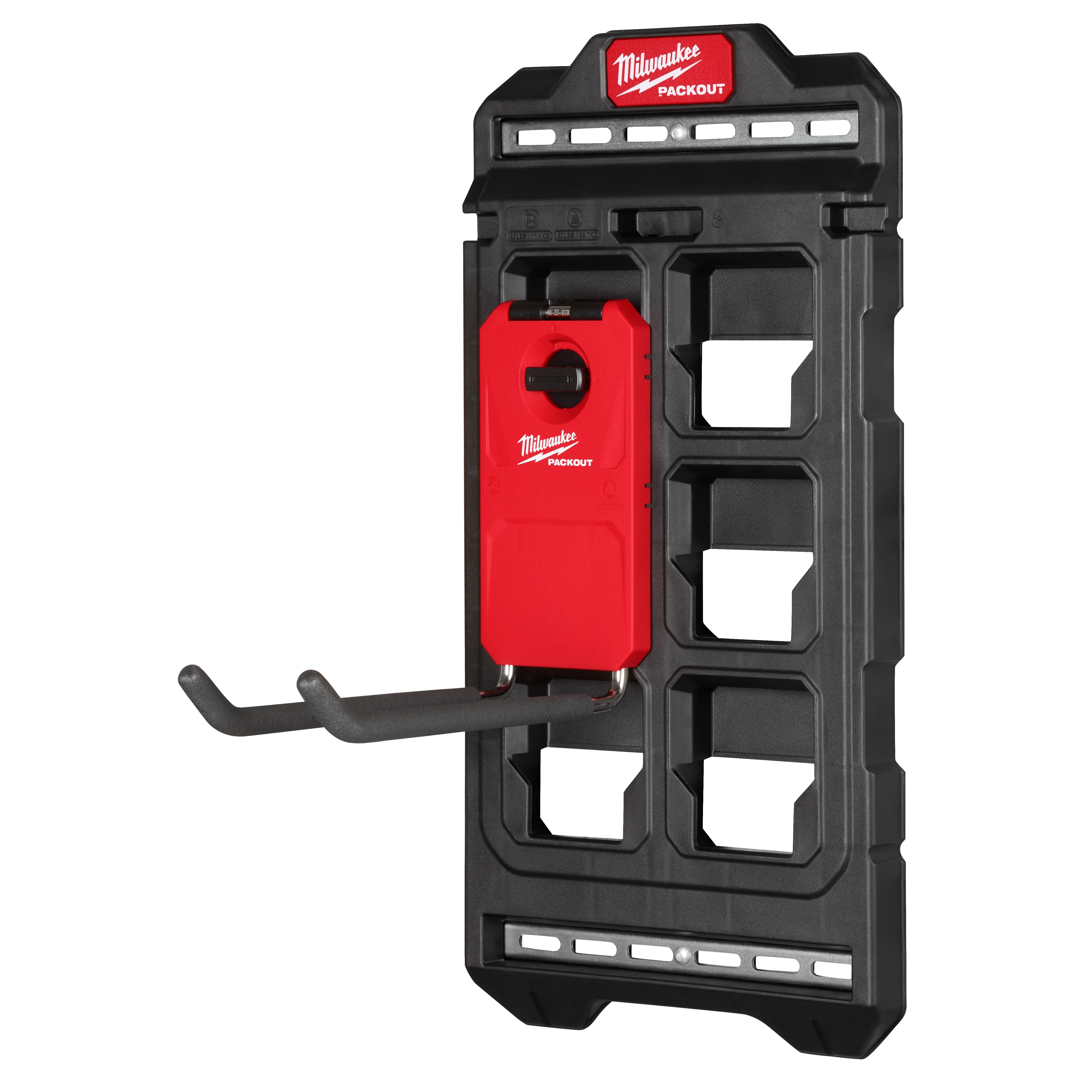 Milwaukee PACKOUT Compact Wall Plate in black with a red wall mount and two protruding metal hooks for storage.