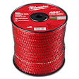 A large spool of red trimmer line in a black plastic netting, with a red Milwaukee-branded label on top.