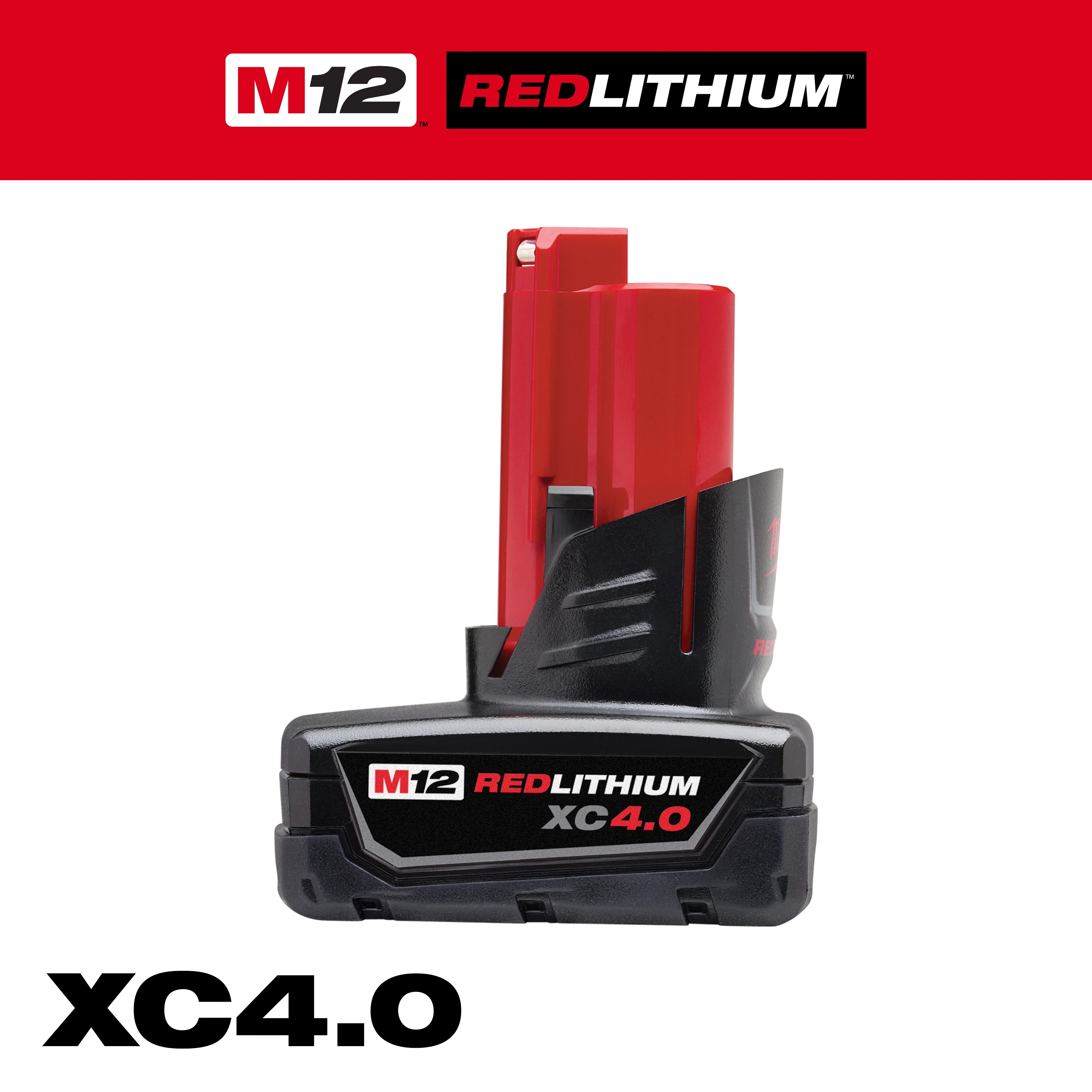 M12 REDLITHIUM XC 4.0 Extended Capacity Battery Pack in black and red with branding and model information displayed prominently.