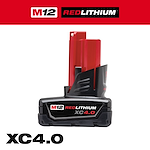 M12 REDLITHIUM XC 4.0 Extended Capacity Battery Pack in black and red with branding and model information displayed prominently.