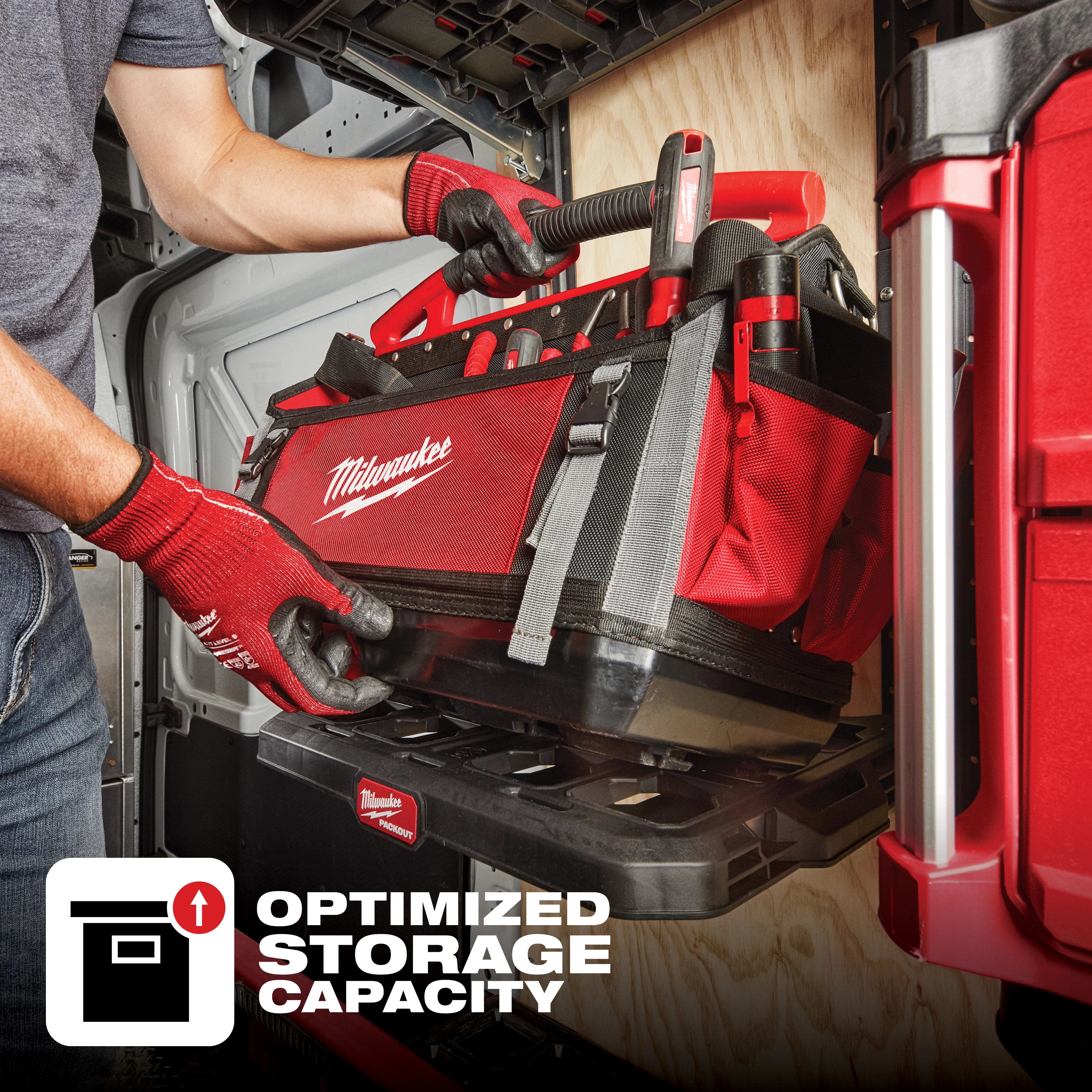 A person places a Milwaukee tool bag onto a shelf. Text reads "Optimized Storage Capacity" with an icon indicating efficient storage.