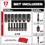 The Milwaukee 17pc 3/8" Drive SAE Deep Well Impact Socket Set includes 14 deep sockets, a 3" extension, a universal joint, a 1/4" to 3/8" socket adapter, and a red socket tray.