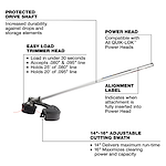 M18 FUEL QUIK-LOK String Trimmer Attachment with labeled shaft, trimmer head, alignment label, and cutting swath specs.