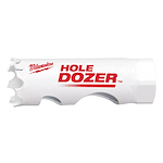 RANGE%20OF%20Hole%20Dozer%20Bi-Metal%20Hole%20Saw%20%203%2F4%22%2025%2F32%22%2013%2F16%22, white cylindrical saw with staggered teeth and brand name in red.