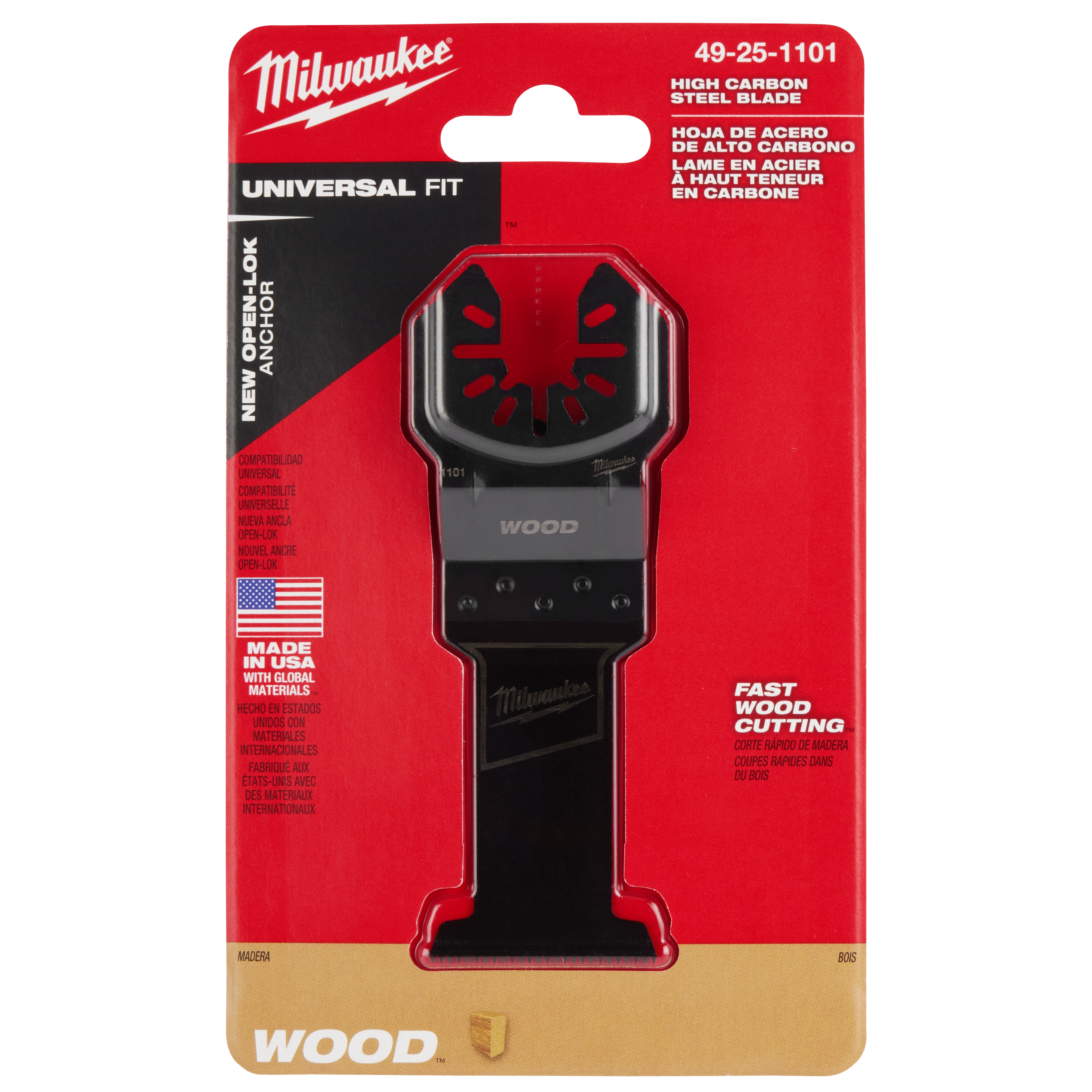 MILWAUKEE OPEN-LOK 1-3/8" HCS Wood Multi-Tool Blade in packaging with red background, suitable for fast wood cutting, universal fit.