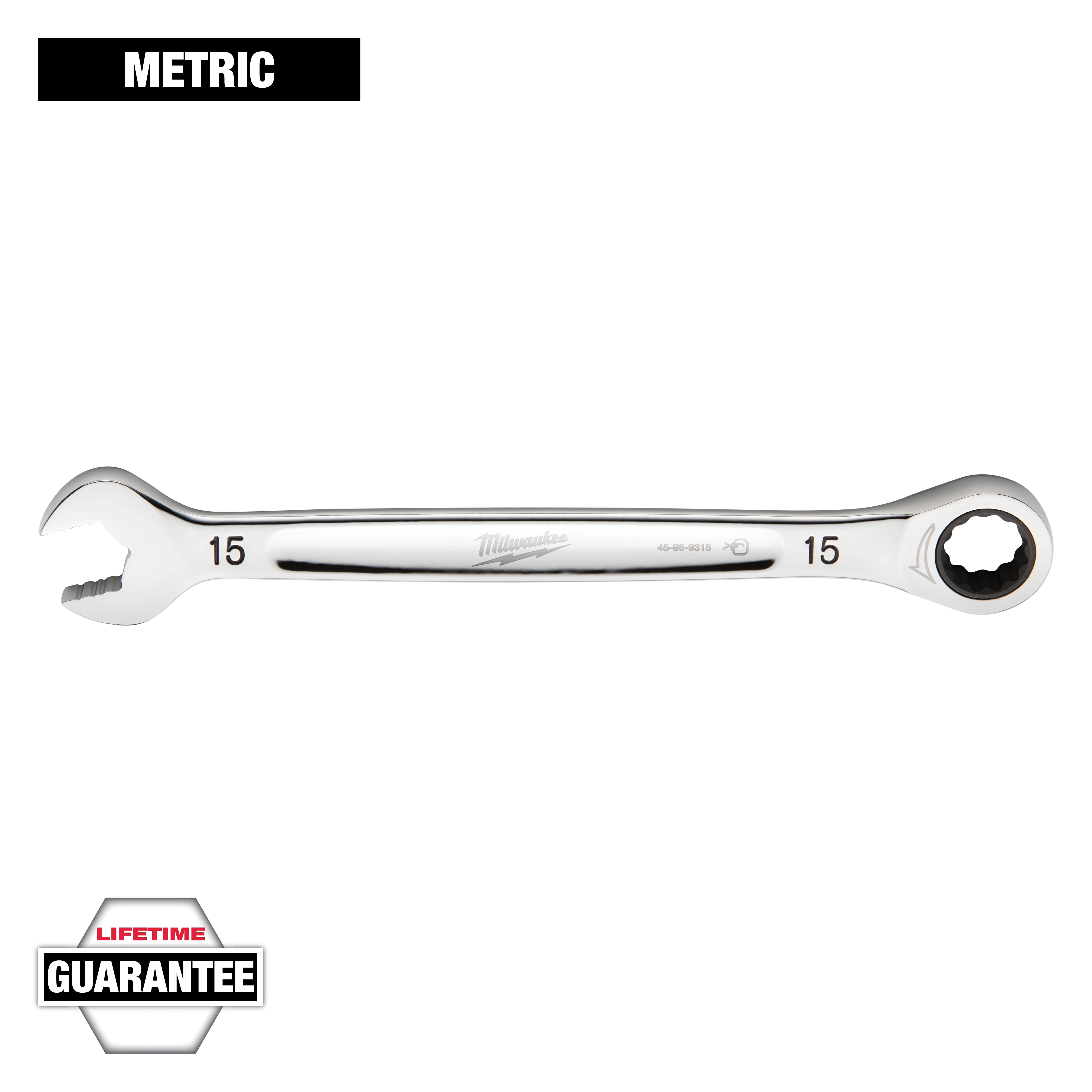 This image shows a Milwaukee 15mm metric combination wrench with an open-end and a ratcheting box-end. The wrench is polished chrome with a "Lifetime Guarantee" badge. The numbers "15" are indicated on both ends of the tool.