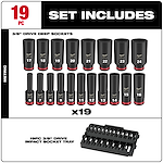 Milwaukee Shockwave Impact Duty Socket Set includes 19 pieces of 3/8" drive deep sockets, ranging from size 6 to 24, and a 3/8" drive impact socket tray. The sockets are black with red accents and labeled with their respective sizes.