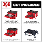 The 366-piece Master Mechanics Hand Tool Set with PACKOUT™ Drawers and Dolly includes a 242-piece drive metric and SAE ratchet and socket set, 60-piece metric and SAE combination wrench set, 64-piece hand tool set, and a PACKOUT™ dolly. Each component is stored in PACKOUT™ 4-drawer toolboxes.