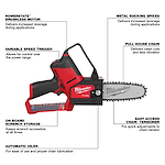 Milwaukee's M12 FUEL HATCHET 6" Pruning Saw features a brushless motor, variable speed trigger, metal bucking spikes, and easy chain tensioner.