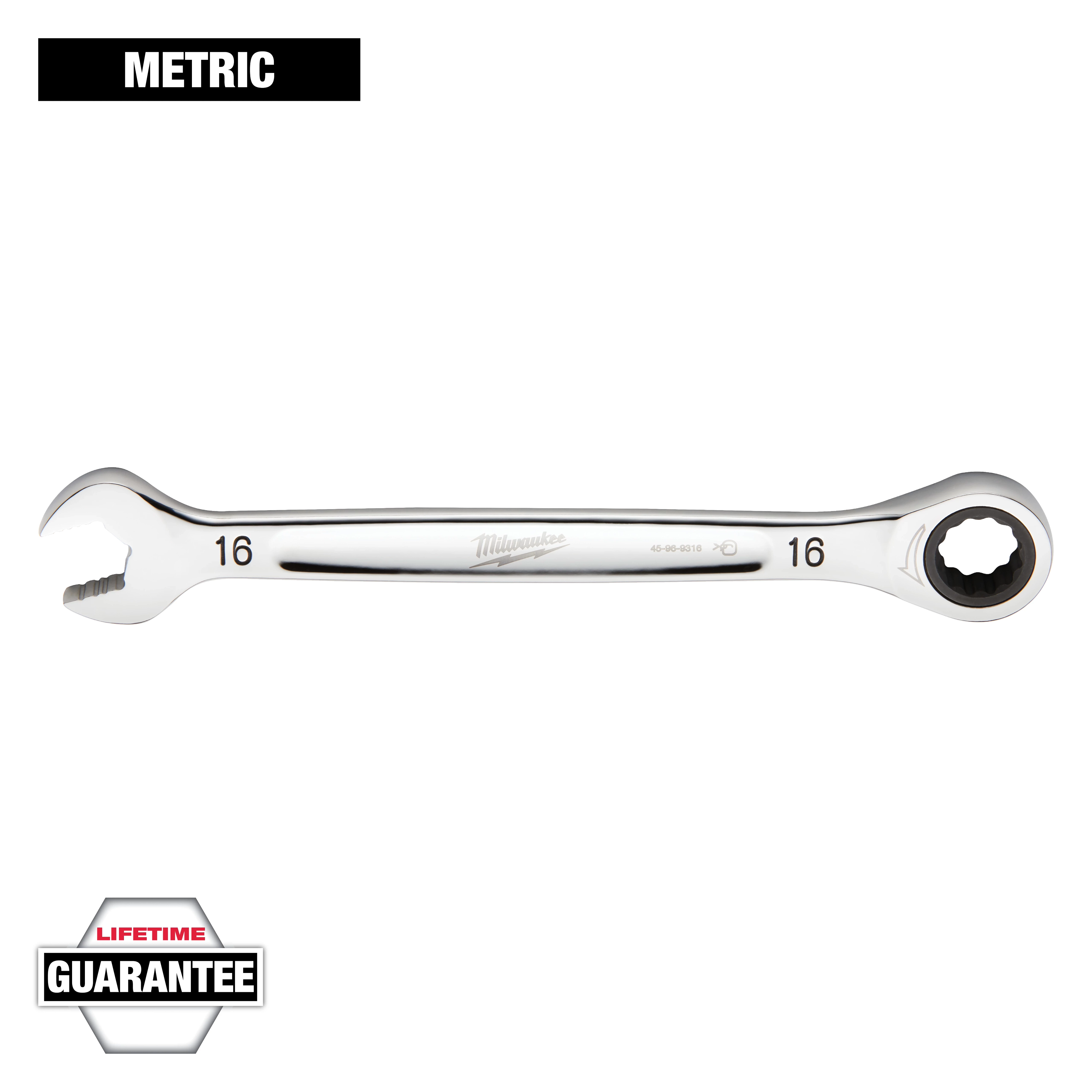 A 16mm Milwaukee combination wrench with a metric label on top. It features an open-end and a box-end with ratcheting capability. The wrench has a polished chrome finish and comes with a lifetime guarantee, indicated by a badge in the lower left.