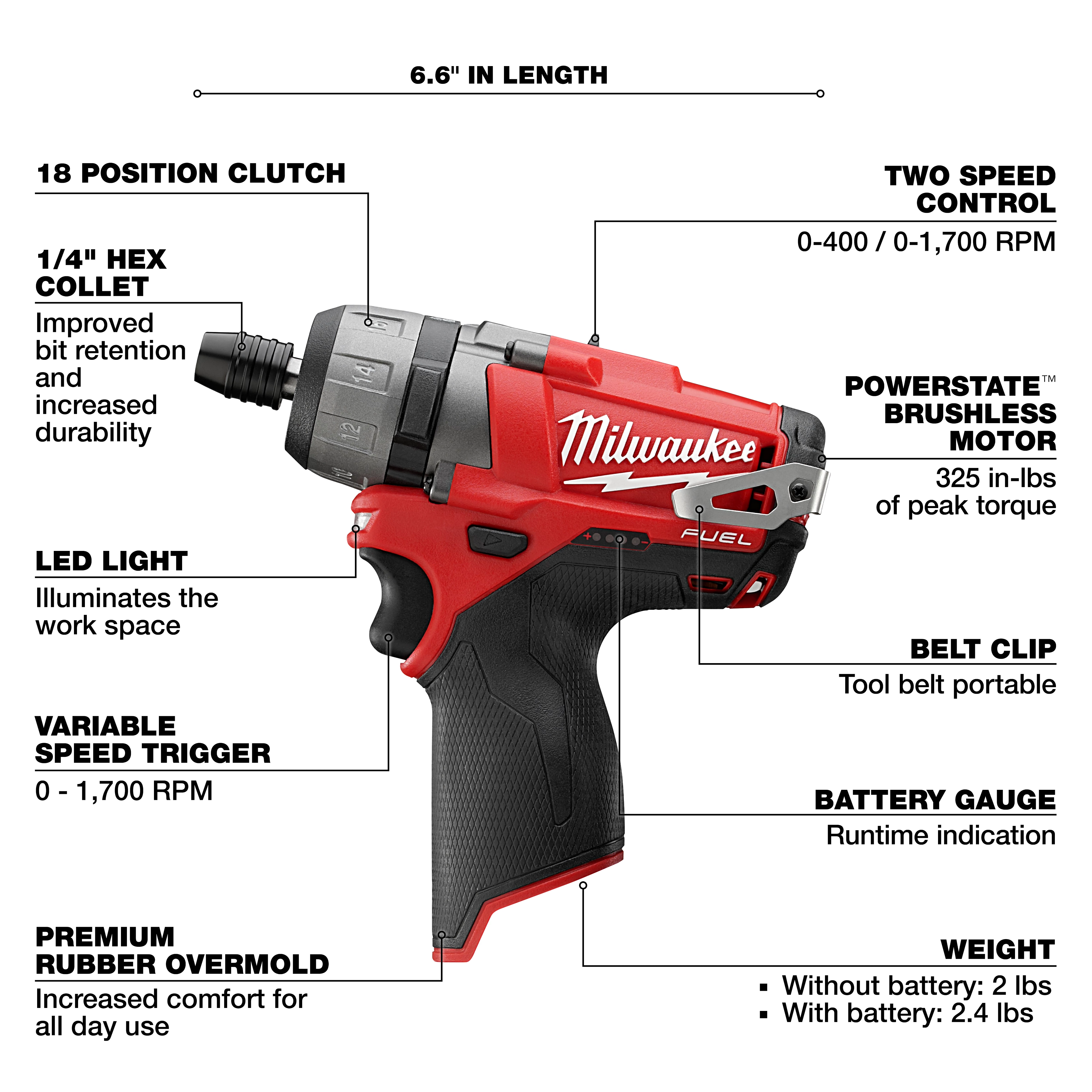 The M12 FUEL 1/4" Hex 2-Speed Screwdriver features an 18-position clutch, LED light, belt clip, battery gauge, and brushless motor.